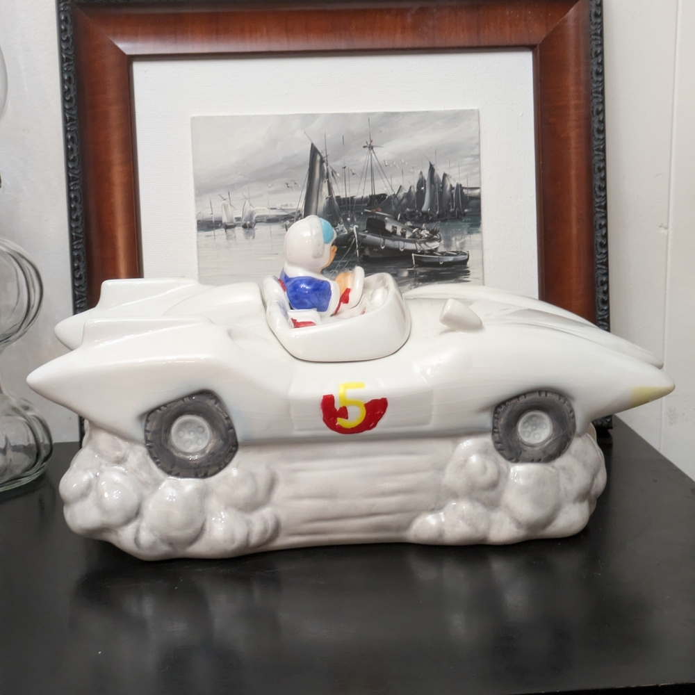 Vintage White Ceramic Racecar Planter with Driver Figurine